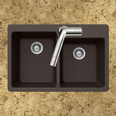 Houzer MOCHA Quartztone Series Granite Topmount 60/40 Double Bowl Kitchen Sink, Mocha Kitchen Sink - Topmount Houzer